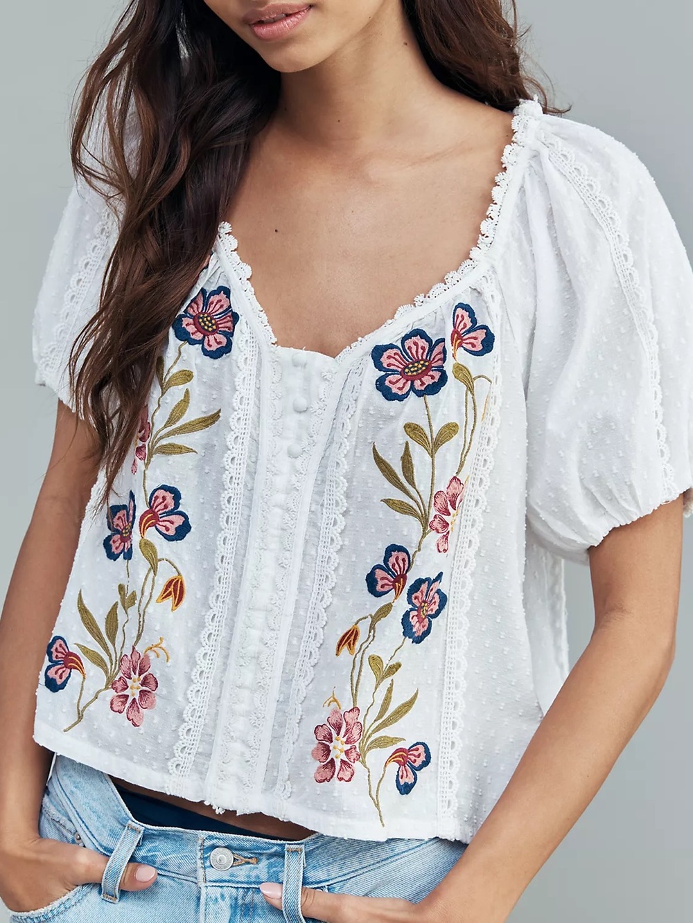 By Anthropologie 100% Cotton Embroidered Puff-Sleeve Blouse